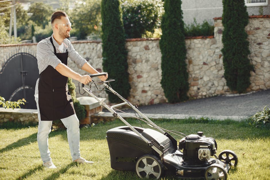 A gardener using a petrol-powered lawn mower on a lush, green lawn during late afternoon sunlight. The grass is vibrant and well-maintained, with freshly cut sections visible where the mower has passe